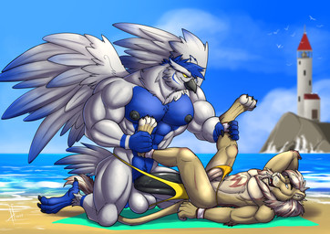 abs anthro anthro_on_anthro anthro_penetrated anthro_penetrating anthro_penetrating_anthro balls beak big_muscles big_penis black_beak black_nipples black_penis blue_body blue_eyes blue_hair clothing duo erection fangs feathered_wings feathers fur genitals hair hand_behind_head huge_muscles huge_penis ineffective_clothing kneeling male male/male male_anthro male_penetrated male_penetrating male_penetrating_male mane mouth_closed muscular muscular_anthro muscular_male nipples no_sclera open_mouth outside_sex pecs penetration penis pink_penis sex short_hair size_difference tan_body tan_fur teeth white_balls white_body white_mane wings yellow_eyes hufnaar sova ambient_bird avian felid lion mammal pantherine 2021 absurd_res dated hi_res