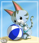 anthro ball beach beach_ball bikini black_eyes blue_bikini blue_clothing blue_swimwear clothing female fur grey_body grey_fur inflatable navel sand seaside solo swimwear two-piece_swimsuit jackintaro animal_crossing nintendo lolly_(animal_crossing) domestic_cat felid feline felis mammal absurd_res hi_res