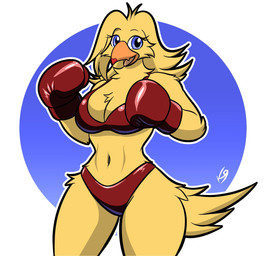 anthro anthrofied big_breasts bikini bikini_bottom bikini_top boxing_gloves breasts clothing female handwear lipstick looking_at_viewer makeup navel non-mammal_breasts non-mammal_navel solo swimwear thick_thighs two-piece_swimsuit wide_hips the_k9_empire vulpinecrew final_fantasy square_enix ivory_(sweetchocobo) avian chocobo hi_res watermark