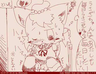 anthro bodily_fluids clothed clothing female genitals heart_symbol one_eye_closed open_mouth simple_background solo sweat text vulva tatwuyan 2015 japanese_text translation_request