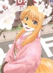 anthro asian_clothing blue_eyes clothing east_asian_clothing female hair happy japanese_clothing kemono open_mouth orange_hair smile solo text yosuke7390 nasuno_(yosuke) canid canine fox mammal japanese_text