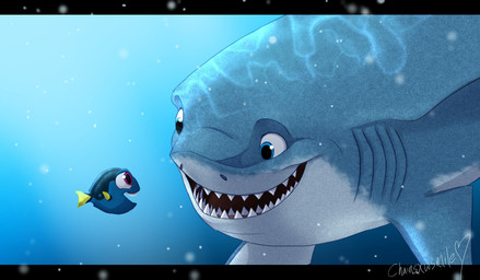 blue_background blue_body blue_eyes blue_fin duo female feral fish_tail gills happy looking_at_another male purple_eyes shark_teeth simple_background tail underwater water yellow_fin yellow_tail chainsxwsmile disney finding_nemo pixar bruce_(finding_nemo) dory_(finding_nemo) acanthurid aquatic fish great_white_shark mackerel_shark regal_tang shark white_shark 2016 better_version_at_source