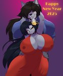 anthro big_breasts breasts clothed clothing duo female formal_wear holidays huge_breasts male male/female nipple_outline piercing simple_background smile thick_thighs juzztie new_year new_year_2025 krocial_(krocialblack) canid canine canis domestic_cat felid feline felis mammal wolf 2025 5:6 digital_media_(artwork) hi_res