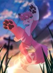 ambiguous_gender anthro blue_eyes blurred_background blush cloud feet fluffy fluffy_tail fur gloves_(marking) grass handpaw head_tuft hindpaw jumping kemono lens_flare low-angle_view markings open_mouth open_smile outside pawpads paws pink_blush plant sky smile solo striped_body striped_fur stripes tail tuft utility_pole worm's-eye_view ezpups canid canine fox mammal full-length_portrait hi_res portrait