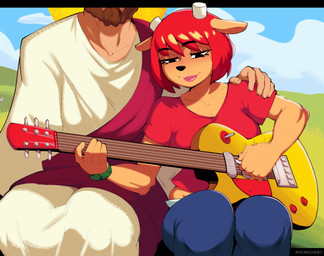5_fingers anthro bottomwear breasts clock clothed clothing day denim denim_bottomwear denim_clothing duo electric_guitar eyebrow_through_hair eyebrows faceless_character faceless_male female fingers fur guitar guitar_pick hair half-closed_eyes hand_on_shoulder horn jeans male motion_lines musical_instrument narrowed_eyes outside pants plucked_string_instrument red_hair religion shirt sitting string_instrument t-shirt tan_body tan_fur text topwear translucent translucent_hair watch what demidoggo parappa_the_rapper sony_corporation sony_interactive_entertainment um_jammer_lammy jesus_christ lammy_lamb bovid caprine human mammal sheep artist_name hi_res