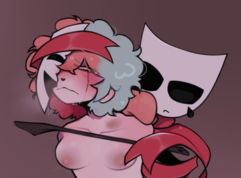 amber_eyes ambiguous_gender antlers areola bangs bdsm big_pupils bite biting_lip black_eyes black_nose blue_hair blush bodily_fluids bound breasts broken_mask brown_antlers brown_hair bruised crossed_bangs crying curly_hair dominant dominant_ambiguous ear_piercing empty_eyes female female/ambiguous fluffy fluffy_hair freckled_face freckles frown glistening glistening_breasts glistening_hair grey_background hair hand_on_head hands_behind_back hands_tied hands_tied_behind_back horn makeup mascara mask messy_hair multicolored_hair narrowed_eyes nipples nude pain pained_expression piercing pouting pupils red_ribbon ribbons riding_crop running_makeup running_mascara sadism shaking simple_background skinny small_breasts snot submissive submissive_female submissive_humanoid teardrop tears teary_eyes tremble_spikes two_tone_hair whip deerttore glitch_productions the_amazing_digital_circus gangle_(tadc) rot_(deerttore) animal_humanoid animate_inanimate cervine cervine_humanoid deer deer_humanoid humanoid living_mask mammal mammal_humanoid 2026 hi_res female_(lore) nonbinary_(lore)