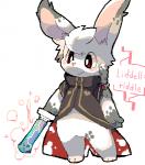 ambiguous_gender anthro big_eyes bottomless cape clothed clothing fur hair heart_symbol long_ears red_eyes simple_background solo white_background white_body white_fur noriburu unknown_species digital_media_(artwork)