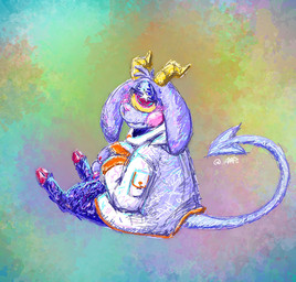 1_eye 2_horns abstract_background big_butt bottomless butt clothed clothing coat colored_nails floppy_ears frown fur head_tuft hooved_toes hooves horn long_ears long_tail nails open_mouth pink_nails pink_tail purple_body purple_skin red_hooves simple_background sitting spade_tail tail teeth text thick_thighs topwear topwear_only tuft white_clothing white_coat white_topwear wide_hips yellow_horn 1mp prince_gamon_(1mp) bovid caprine caprine_demon demon imp mammal 2025 artist_name colored digital_drawing_(artwork) digital_media_(artwork) english_text hi_res shaded signature