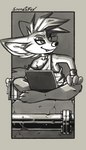 beverage beverage_can big_ears big_eyes choker clothing comic_panel computer cracked_ground cracked_wall cracking cracks crossed_legs electronics glowing jewelry laptop laptop_on_lap looking_back looking_offscreen looking_over_shoulders loose_shirt necklace pipe shirt sitting sitting_on_ground tank_top topwear softailfox glitch_(softailfox) canid canine fennec_fox fox mammal true_fox monochrome sketch nonbinary_(lore)