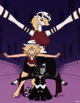 3_eyes ambiguous_gender anthro big_breasts black_body black_bottomwear black_clothing black_footwear black_fur black_hair black_pants black_shoes black_shorts black_suit blonde_hair blue_eyes bottomwear breasts chest_tuft clothed clothing cosplay crossover_cosplay female footwear fully_clothed fur group hair hat headgear headwear heterochromia hooves huge_breasts markings midriff multi_eye navel necktie pants red_clothing red_shirt red_topwear red_tube_top shirt shorts skull_symbol striped_markings striped_tail stripes suit sweater tail tail_markings tan_body tan_fur topwear trio tube_top tuft turtleneck white_body white_clothing white_necktie white_shirt white_topwear yellow_eyes pomegraniter floraverse soul_eater amdusias_(floraverse) beleth_(floraverse) death_the_kid elizabeth_thompson orobas_(floraverse) patricia_thompson red_beleth_(floraverse) domestic_cat equid equine felid feline felis horse mammal 2023 crossover