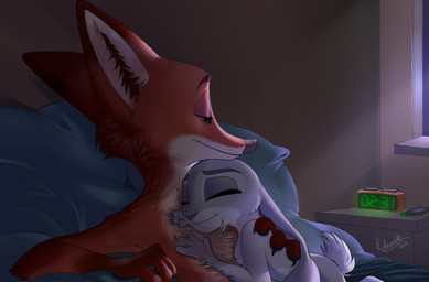 alarm_clock anthro bed cellphone chest_tuft claws clock cuddling duo electronics female furniture green_eyes hug inner_ear_fluff male male/female night nude phone romantic romantic_couple sleeping smile tuft relaxablefur disney zootopia judy_hopps nick_wilde canid canine fox lagomorph leporid mammal rabbit red_fox true_fox 2019 hi_res