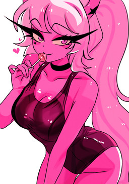 candy clothing dessert eyelashes female food hair holding_candy holding_food holding_lollipop holding_object horn lollipop lollipop_in_mouth long_eyelashes long_hair looking_at_viewer one-piece_swimsuit pink_eyes ponytail simple_background smile solo standing swimwear white_background white_hair yellow_eyes coffeelilauwu hellaverse helluva_boss verosika_mayday demon humanoid succubus hi_res