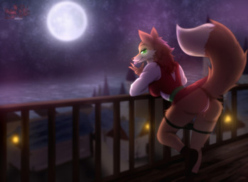 anthro anus bodily_fluids breasts butt clothed clothing cunnilingus_gesture female footwear fur genital_fluids genitals gesture green_eyes inviting markings mole_(marking) moon neck_tuft orange_body orange_fur panties panties_down partially_clothed presenting presenting_vulva raised_tail saliva shoes sky solo suggestive suggestive_gesture tail tuft underwear underwear_down vaginal_fluids vulva white_body white_fur astralia canid canine fox mammal hi_res watermark