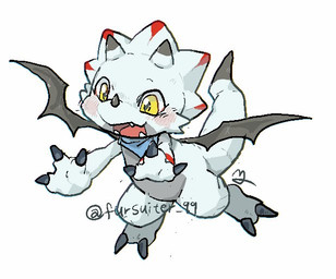 ambiguous_gender anthro blush claws countershading grey_body grey_countershading horn kerchief neckerchief neckwear open_mouth simple_background solo tail white_background white_body wings yellow_eyes 9999_td bandai_namco digimon digimon_(species) gammamon