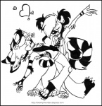 alternative_fashion anthro black_border border bottomwear clothing dancing duo female flower glamfur goth hair heart_symbol male necktie pants plant pouch_(anatomy) short_hair tail zeriara kaku_q._spookaboo zeriara_(character) felid hybrid lemur mammal marsupial primate ring-tailed_lemur strepsirrhine black_and_white monochrome