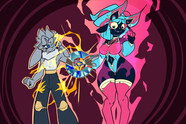 anthro black_body black_clothing black_fur blue_sclera clothing duo female female/female fur grey_body grey_fur hair hand_holding hat headgear headwear horn legwear leotard magic magic_user maroon_background nervous nervous_smile teal_clothing teal_hair thick_thighs thigh_highs white_clothing wide_hips yellow_eyes yinigma pseudoregalia amara_(axedraws) sybil_(pseudoregalia) bovid caprine goat mammal 3:2 hi_res