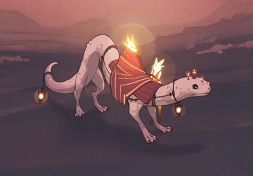 ambiguous_gender anthro biped candle feral fur glowing glowing_body glowing_fur group lamp lantern quadruped riding riding_on_back trio white_body yellow_body yellow_fur discreet_user canid canine fox mammal reptile scalie 2023 digital_media_(artwork) hi_res