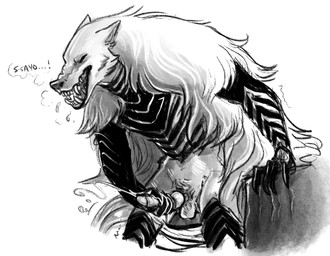 animal_genitalia animal_penis anthro armor balls biped bodily_fluids breastplate clothing cum cumshot ejaculation erection fangs gauntlets genital_fluids genitals gloves handwear knot male masturbation penile penile_masturbation penis simple_background solo teeth white_background grem_(artist) elden_ring fromsoftware maliketh_(elden_ring) canid canine canis mammal wolf 2022 digital_media_(artwork) hi_res monochrome