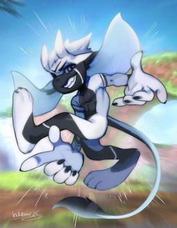 antennae_(anatomy) anthro armbands_(marking) big_ears big_feet black_body black_claws black_fur black_fur_markings black_markings blue_eyes blue_sky blurred_background chevron_(marking) claws emanata feet fur green_hill_zone grin grinning_at_viewer hair huge_ears looking_at_viewer male markings muscular muscular_anthro muscular_male nude paintbrush_tail short_hair sky smile smiling_at_viewer solo sonic_adventure_pose teeth white_body white_fur kehta00 microsoft ori_(series) sega sonic_the_hedgehog_(series) wolffie529 xbox_game_studios chevron_(wolffie) guardian_spirit hi_res