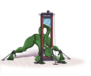 ass_up bdsm bondage bound chain chained cuff_(restraint) female guillotine imminent_death jack-o'_pose lock looking_at_viewer mouth_hold nude peril pose predicament_bondage restraints simple_background smile snuff solo tail white_background conquistabear microsoft the_elder_scrolls argonian scalie