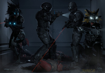 3_fingers 3_toes action_scene anthro avian_caruncle black_body black_feathers blue_eyes dark death digitigrade face_covered faceless_character faceless_human faceless_male feathers feet female female_anthro fingers flashlight full_armor glowing glowing_eyes group gun holding_object holding_ranged_weapon holding_weapon inside laser laser_sight lying male odst on_front on_ground ranged_weapon rifle squad standing submachine_gun toes unsc weapon white_eyes yellow_body yellow_feathers synca pickle_juice_(modeler) halo_(series) microsoft xbox_game_studios indyee syn_cah alien avian human kig-yar mammal scalie t'vaoan 3d_(artwork) colored digital_media_(artwork)