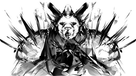 ambiguous_gender anthro front_view looking_at_viewer mouth_closed snout solo deriaz guild_wars charr felid mammal 16:9 2014 digital_drawing_(artwork) digital_media_(artwork) greyscale half-length_portrait monochrome portrait sketch widescreen