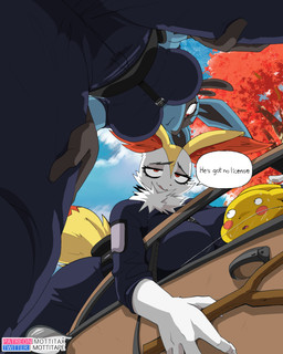 anthro biped blue_body blue_clothing bodily_fluids bottomwear breasts car clothed clothed_anthro clothed_female clothing eyelashes female female_anthro fingers fur group larger_female outside plant pupils size_difference sweat tail text topwear tree trio vehicle white_body yellow_body mottitax nintendo pokemon braixen generation_1_pokemon generation_4_pokemon generation_6_pokemon lucario pikachu pokemon_(species) 2026 4:5 absurd_res english_text hi_res