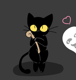 ambiguous_gender anthro black_body black_fur blush bodily_fluids duo fur grey_background heart_symbol holidays looking_at_viewer mouthless nude shortstack simple_background solo_focus staff standing sweat yellow_eyes shinyumbre google google_doodle halloween magic_cat_academy momo_(google) domestic_cat felid feline felis ghost mammal spirit 2016 female_(lore)
