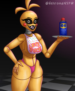 beakless bib big_butt butt clothed clothing female machine panties pink_clothing pink_panties pink_underwear red_cheeks sharp_teeth solo teeth text underwear white_eyes yellow_body yellow_skin dehromansfw five_nights_at_freddy's five_nights_at_freddy's_2 scottgames wd-40 toy_chica_(fnaf) animatronic robot hi_res