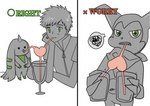 anthro clothed clothing drinking drinking_straw duo group heart_symbol humor infographic male sanshi bandai_namco digimon henry_wong digimon_(species) human impmon mammal terriermon hi_res