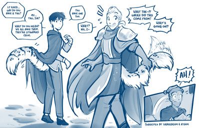 armor clothed clothing dialogue dream duo female fluffy fluffy_tail fur gesture gloves hair hand_gesture handwear humor male markings pauldron pointing pointing_at_self ponytail shocked simple_background spots spotted_body spotted_fur surprised tail tail_motion tailwag text waking_up white_background yelling conditional_dnp tom_fischbach twokinds alice_reed keiren_(twokinds) felid human humanoid hybrid mammal pantherine snow_leopard tailed_humanoid 2022 adobe_photoshop_(artwork) blue_and_white comic digital_media_(artwork) english_text hi_res monochrome sketch