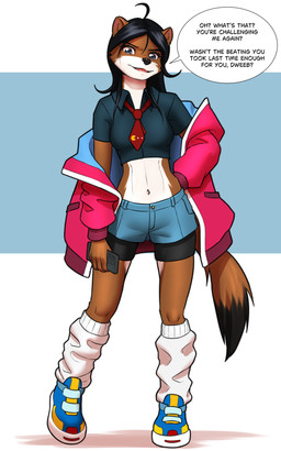 anthro biped bottomwear breasts clothed clothed_anthro clothed_female clothing countershade_torso countershading female fingers front_view fully_clothed fully_clothed_anthro fully_clothed_female fur hair looking_at_viewer navel solo standing tail text tongue topwear mykegreywolf jen_(mykegreywolf) mammal mustelid musteline stoat true_musteline weasel 2026 5:8 absurd_res digital_drawing_(artwork) digital_media_(artwork) english_text hi_res