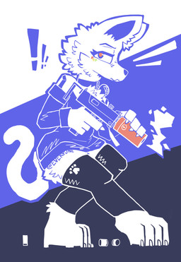 abstract_background anthro blue_eyes cheek_tuft chest_tuft collar crouching curled_tail exclamation_point facial_tuft female gun gun_smoke hip_tuft holding_submachine_gun inner_ear_fluff nape_tuft pupils ranged_weapon red_pupils shell_casings shoulderless_dress side_view silencer sleeves smoke solo straps tail thick_thighs tuft weapon white_body wide_hips fc5 discord_(app) clyde_(discord) domestic_cat felid feline felis mammal 2025 absurd_res hi_res