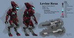 anthro armor clothing custom energy_shield gun machine male power_armor ranged_weapon rifle sniper_rifle solo submachine_gun techsuit text weapon akilae06 halo_(series) microsoft xbox_game_studios levine_rexa alien kig-yar scalie t'vaoan 256:135 4k absurd_res english_text hi_res model_sheet