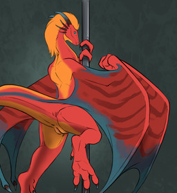 anus blue_eyes butt claws countershading dancing female female_feral feral genitals hair horn looking_at_viewer looking_back membrane_(anatomy) non-mammal_vulva pole pole_dancing presenting presenting_anus presenting_hindquarters presenting_vulva raised_foot raised_tail rear_view red_body simple_background smile solo stripes stripper_pole tail thick_tail vulva wings flamespitter european_mythology mythology eztli_(user_55) dragon mythological_creature mythological_scalie scalie western_dragon wyvern hi_res