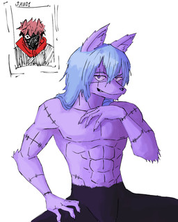 angry anime_style anthro blue_hair clothed clothing duo fur hair kemono male muscular muscular_male pink_body purple_body purple_fur shadow_face smile solo topless topless_male jujutsu_kaisen mahito_(jujutsu_kaisen) yuji_itadori canid mammal 4:5 hi_res