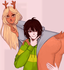 anthro bottomless buckteeth butt carrying_another carrying_partner clothed clothing duo eyelashes female freckled_face freckles gesture hand_gesture long_eyelashes looking_at_viewer male teeth v_sign akky19 deltarune undertale_(series) kris_dreemurr noelle_holiday deer human mammal hi_res signature