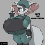 anthro armor big_breasts big_ears body_armor breasts clothed clothing female fingerless_gloves fluffy fluffy_tail freckles fur gesture gloves grey_body grey_eyes grey_fur hand_gesture handwear hat headgear headwear huge_breasts hyper hyper_breasts looking_at_viewer military_uniform simple_background smile solo standing tail text thick_thighs topwear uniform v_sign wide_hips galaxydonut mofumofu_sensen mappo domestic_cat felid feline felis mammal 1:1 digital_media_(artwork) english_text hi_res