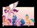 female flying group horn male text wings inuhoshi-to-darkpen hasbro mlp_g5 my_little_pony mythology hitch_trailblazer_(mlp) izzy_moonbow_(mlp) pipp_petals_(mlp) sunny_starscout_(mlp) equid equine horse mammal mythological_creature mythological_equine pegasus pony unicorn alpha_channel hi_res url