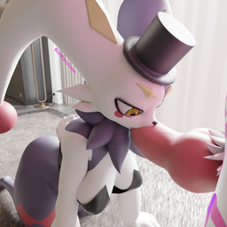 anthro big_penis breasts bunny_costume clothed clothing costume duo fellatio female fur fur_markings genitals hat headgear headwear kneeling knot looking_down looking_pleasured male male/female markings nude oral oral_penetration partially_clothed penetration penile penis pink_body pink_fur purple_body purple_fur sex white_body white_fur burtrevolution palworld pocketpair burtrevolution_(burtrevolution) canid canine dupin_(pal) fox lagomorph leporid mammal rabbit 3d_(artwork) absurd_res blender_(artwork) digital_media_(artwork) hi_res