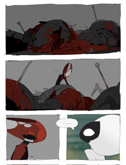 anthro biped black_body blood blood_covered blood_drip blood_on_face bodily_fluids death dripping female gore horn mutilation organs segmented_body solo speech_bubble stab_wound justdog hollow_knight:_silksong hollow_knight_(franchise) team_cherry hornet_(hollow_knight) lace_(hollow_knight:_silksong) arachnid arthropod spider wardenfly 2026 comic greyscale hi_res monochrome