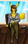 anthro anthrofied biped bottomwear breasts brown_hair business_suit chair city cleavage cleft_tail clothed clothing cloud crossed_legs desk female footwear fur furniture hair high_heels jewelry mature_anthro mature_female necklace personal_digital_assistant pokemorph pumps shirt shoes skirt sky solo suit table tail topwear undershirt window yellow_body yellow_fur crovirus nintendo pokemon fan_character tracey_volt_(swordfox) generation_1_pokemon mammal pikachu pokemon_(species) rodent digital_media_(artwork) hi_res