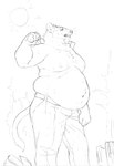 anthro axe axe_over_shoulder belly belly_overhang belt big_belly bodily_fluids bottomwear clothed clothing holding_axe holding_object love_handles male moobs navel nipples outside overweight overweight_anthro overweight_male pants pants_only solo sun sweat tail topless cettus euplerid fossa mammal 2022 hi_res monochrome sketch