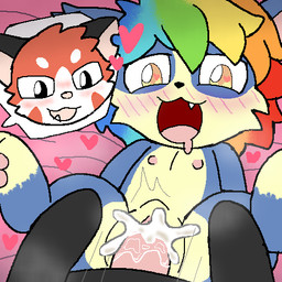 anthro bed belly black_eyes blue_body blue_fur blush blush_lines bodily_fluids cum cutaway duo fangs female first_person_view fur furniture genital_fluids genitals hair heart_symbol holding_both_legs looking_pleasured lying male male/female multicolored_hair nipples on_back on_bed open_mouth orange_body orange_fur paws penis rainbow_hair teeth tongue_showing vaginal white_belly yellow_eyes young young_anthro young_female conditional_dnp frchpk minia_(augustus) ailurid mammal red_panda rodent sciurid tree_squirrel 1:1 2025 digital_media_(artwork) low_res oekaki pawprint.ing_(artwork)