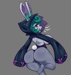 big_breasts big_butt breasts bubble_butt bunny_costume butt clothing costume female green_hair hair hoodie huge_breasts open_mouth rear_view short_stack simple_background solo topwear nebssik league_of_legends riot_games tencent vex_(lol) humanoid yordle hi_res