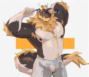 anthro arm_tuft armpit_hair beard belly biceps big_muscles blonde_hair blue_sclera body_hair bottomwear chest_hair chest_tuft clothed clothing deltoids elbow_tuft eyebrows facial_hair fur hair hand_behind_head happy_trail horn looking_at_viewer male multicolored_body musclegut muscular muscular_male pecs raised_arms raised_eyebrow simple_background smile smiling_at_viewer solo standing tail tail_tuft topless tuft tusks two_tone_body hirakie1 mythology dragon furred_dragon furred_scalie mythological_creature mythological_scalie scalie 2026 hi_res