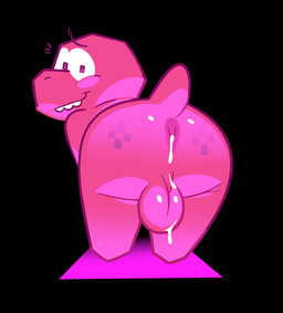 after_sex anthro backsack balls black_background bodily_fluids butt cum cum_on_butt genital_fluids genitals male monobutt pink_body simple_background smile solo butternutworm gameoverse glitch_productions gobbles_(gameoverse) dinosaur prehistoric_species reptile scalie 2026