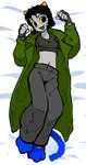 black_eyes black_hair clothing coat dakimakura fangs female fingerless_gloves gloves green_clothing green_coat green_tongue green_topwear grey_body grey_skin hair handwear horn lying midriff navel on_back paw_pose pose solo teeth tongue topwear yellow_sclera filthypally homestuck ms_paint_adventures nepeta_leijon alien alien_humanoid animal_humanoid felid felid_humanoid horned_humanoid humanoid mammal mammal_humanoid troll_(homestuck) 2024 dakimakura_design