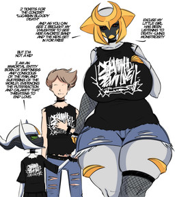 anthro big_breasts biped black_clothing black_shirt black_topwear bottomwear breasts clothed clothed_anthro clothed_female clothed_human clothed_male clothing collar dialogue female female_anthro front_view fully_clothed fully_clothed_anthro fully_clothed_female fully_clothed_human fully_clothed_male group larger_anthro larger_female larger_human larger_male male male_on_anthro pupils shirt shorts simple_background size_difference smaller_anthro smaller_female smaller_human smaller_male spiked_collar spikes standing text thick_thighs topwear torn_bottomwear torn_clothing torn_shorts wide_hips gonzalo_costa saltyxodium third-party_edit nintendo pokemon altered_forme_giratina arceus generation_4_pokemon giratina human legendary_pokemon mammal pokemon_(species) 2026 colored digital_drawing_(artwork) digital_media_(artwork) english_text hi_res