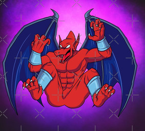 abs anklet anthro bracelet butt butt_from_the_front claws empty_eyes fangs featureless_chest featureless_crotch humanoid_pointy_ears jewelry male membrane_(anatomy) membranous_wings nude open_mouth pointy_ears red_body smile solo teeth toe_claws tongue wings jackthethinker capcom demon's_crest gargoyle's_quest ghosts_'n_goblins firebrand demon gargoyle red_arremer letterbox watermark